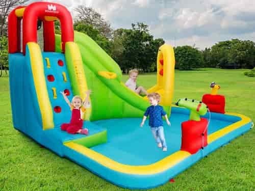 COSTWAY Wasserhüpfburg mit Gebläse, Wasserrutsche Spielpool aufblasbar